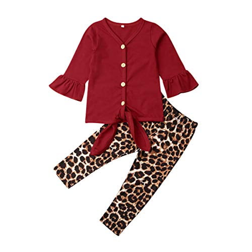 Toddlers Kids Baby Girl Outfits Flare Sleeve Shirt Off Shoulder Tops Striped Shorts Leopard Pant Fall Clothes Set